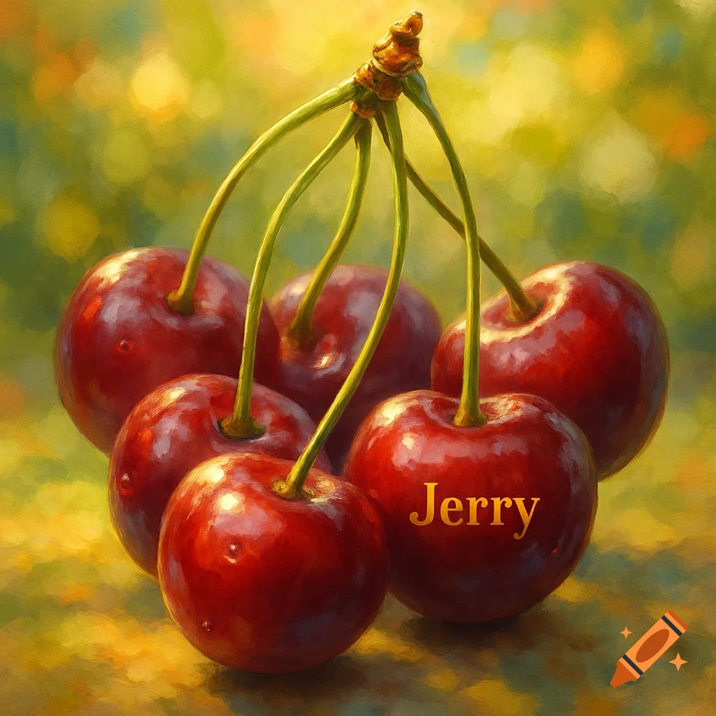A cluster of red cherries with the name 'Jerry' written on one, in a painterly style.