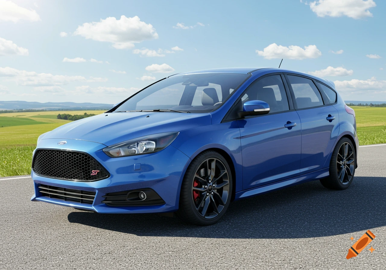 A blue Ford Focus ST hatchback parked on an asphalt road with green fields and a cloudy sky in the background.