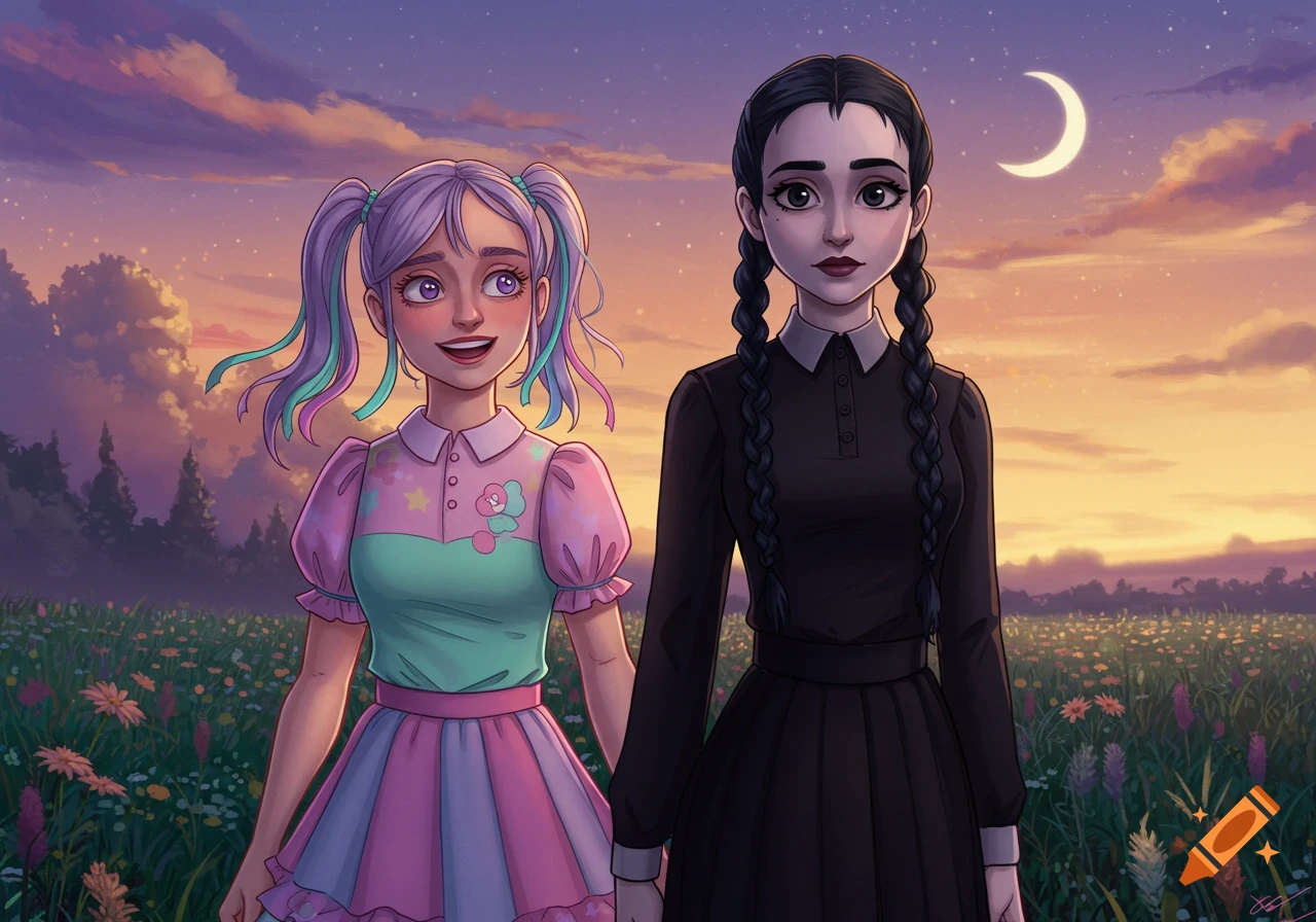 A stylized illustration of a cheerful girl with colorful pigtails and a pastel outfit standing next to a stoic girl with dark braided pigtails and a black dress in a field at sunset under a crescent moon.
