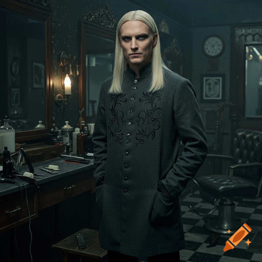 A photorealistic portrait of a pale man with long blonde hair and dark eyes, wearing a dark gray coat with black embroidery, standing in an old-fashioned barber shop.