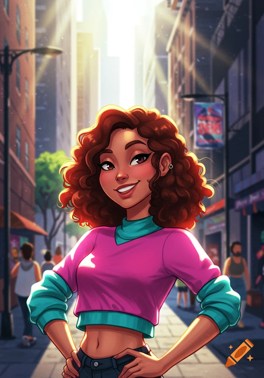 Cartoon portrait of a smiling woman with curly hair in a pink crop top, standing in a sunny city street.
