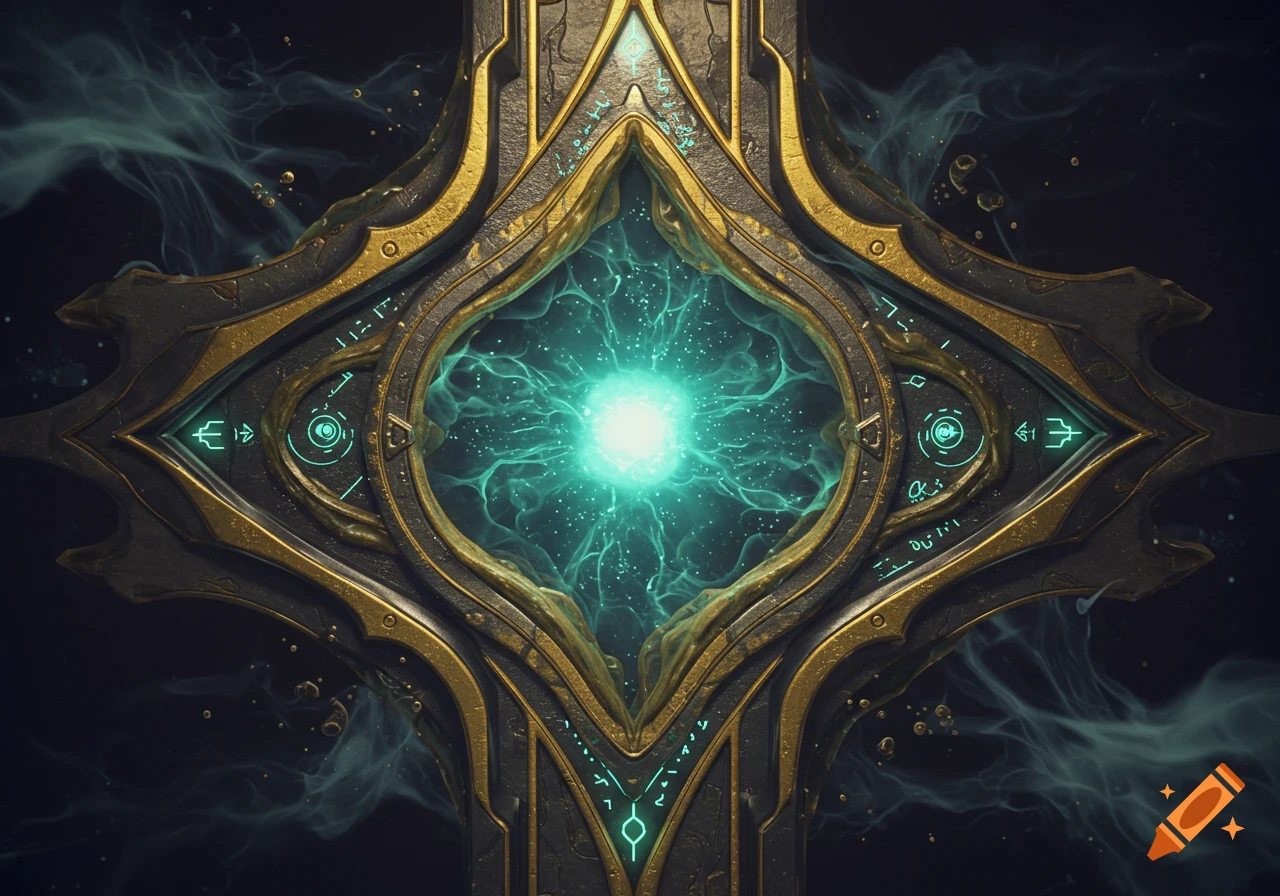 An ornate metallic panel with gold and dark grey textures, featuring a glowing turquoise energy core in the center and mystical symbols etched into its surface.
