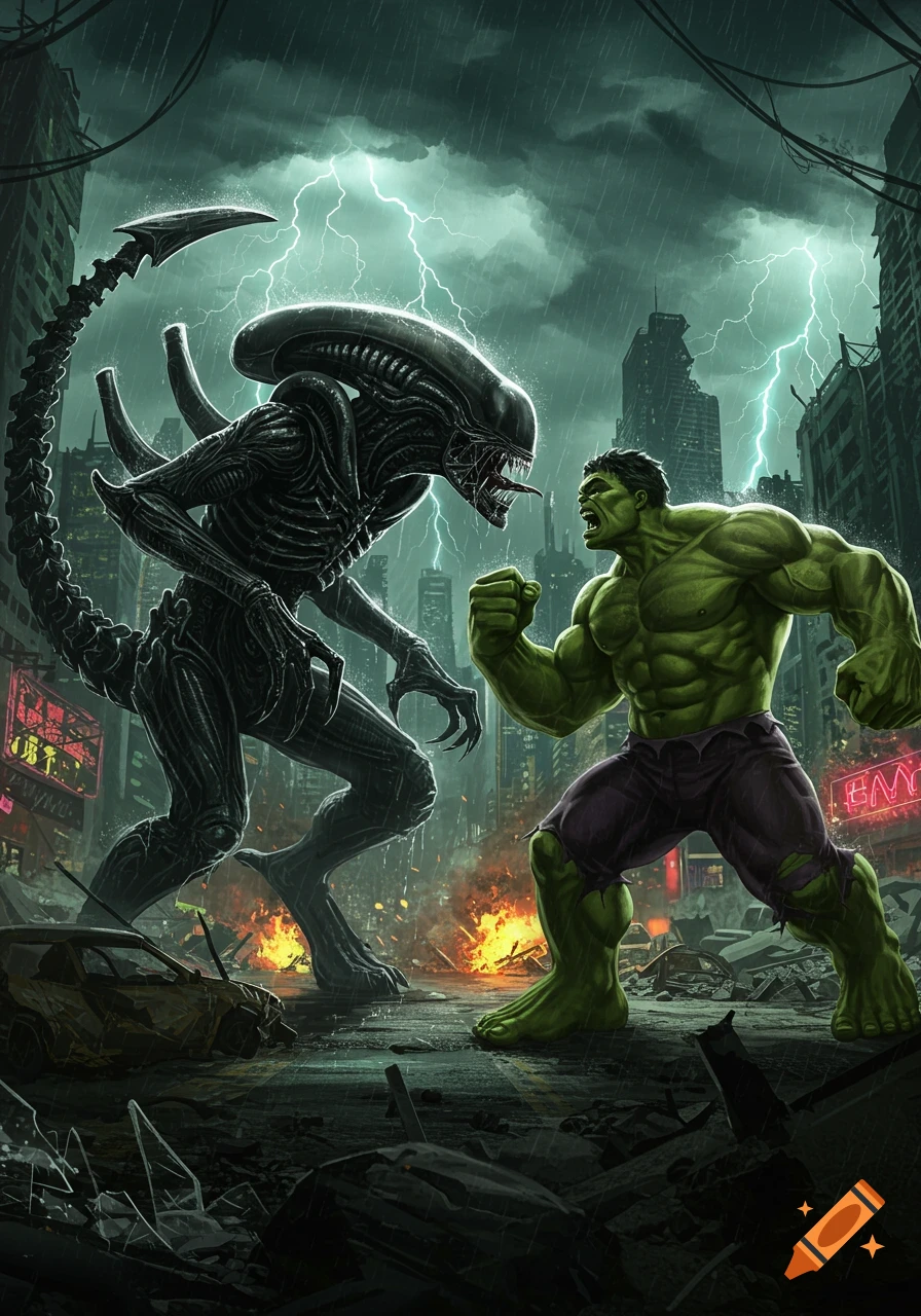 The Hulk and a Xenomorph face off in a destroyed city under a stormy, lightning-filled sky in a dramatic comic art style.
