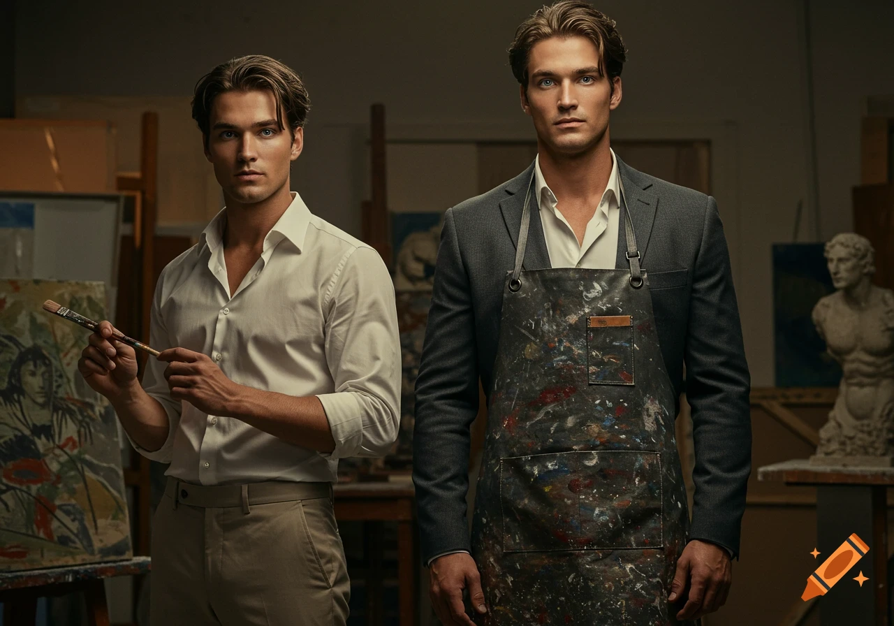 Two identical twin brothers in an artist's studio; one holds a paintbrush, the other wears a paint-splattered apron over a suit.