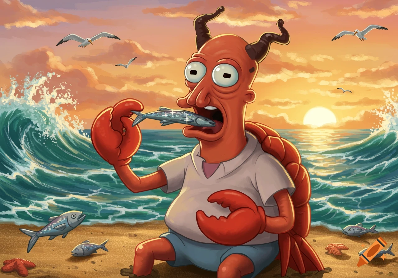 Zoidberg, a red crab-like alien, sits on a sandy beach at sunset, eating a fish while waves crash behind him and seagulls fly.
