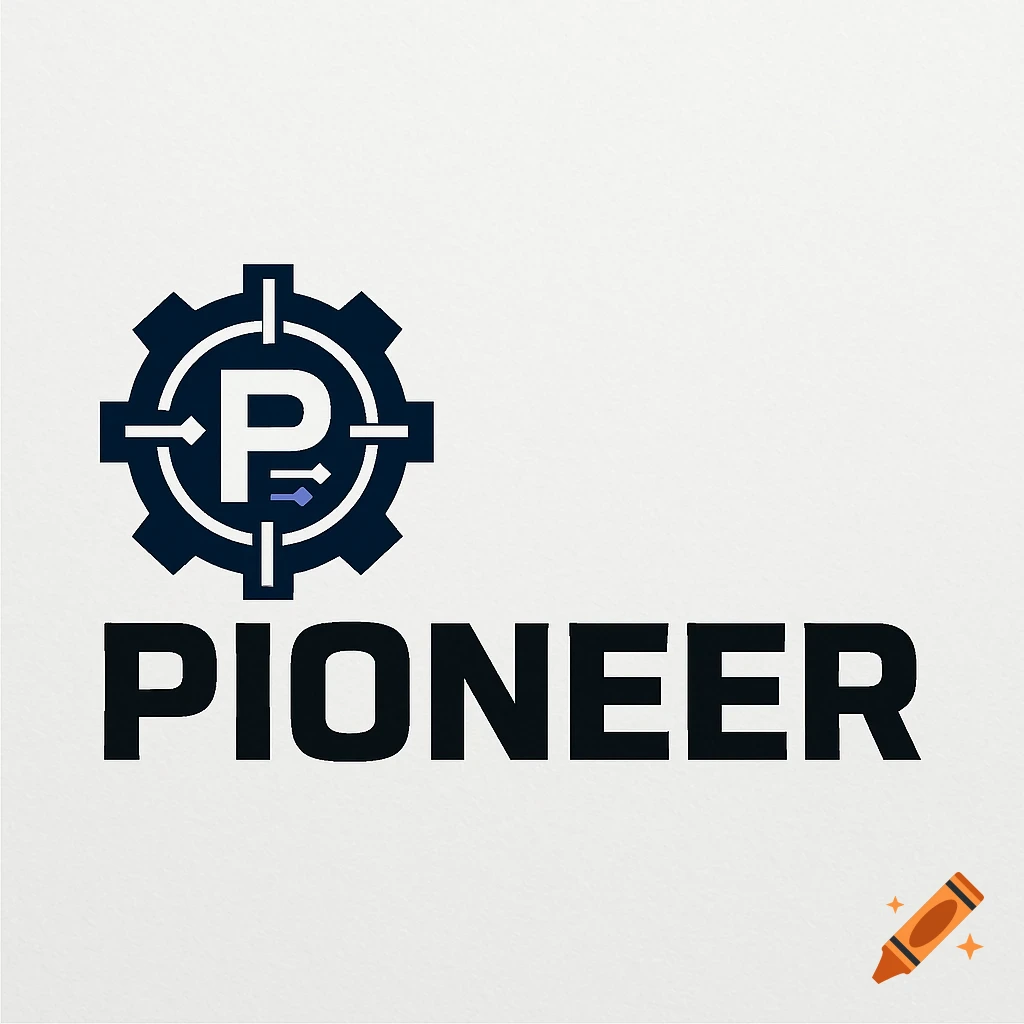 A minimalist logo with a dark blue gear icon containing a stylized P and crosshairs, next to the bold black word PIONEER.