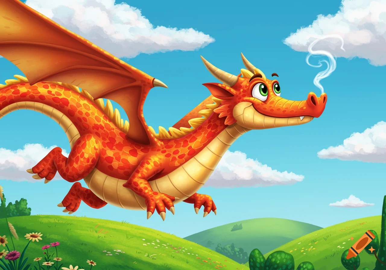 A colorful cartoony red and yellow dragon flies through a bright blue sky over lush green hills.