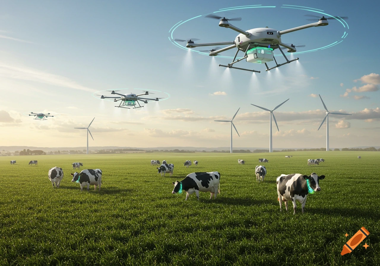 Drones spray a green field with cows wearing smart collars, while wind turbines stand in the background under a blue sky.