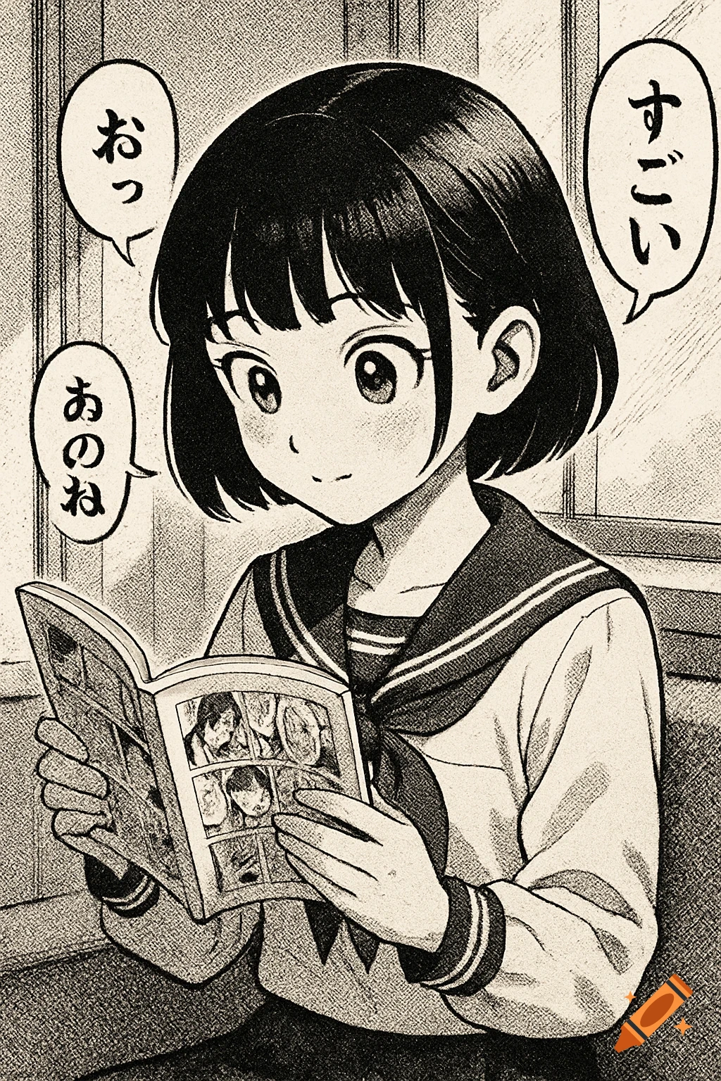 A smiling anime Japanese girl with short dark hair in a sailor uniform reads a comic book, with Japanese speech bubbles above her head. The image has a black and white halftone style.