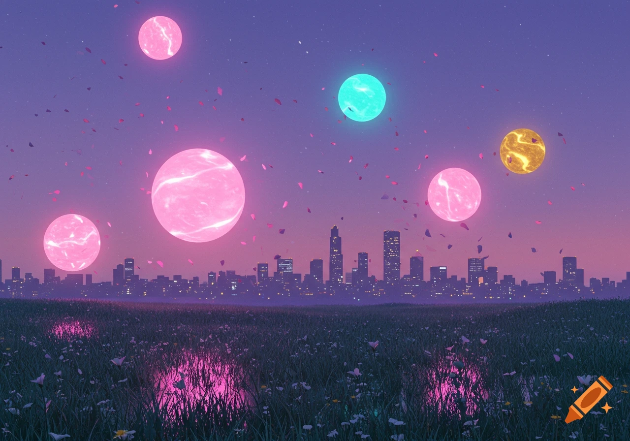 Pink, cyan, and gold glowing orbs float above a city skyline and meadow at evening, with pink petals falling.