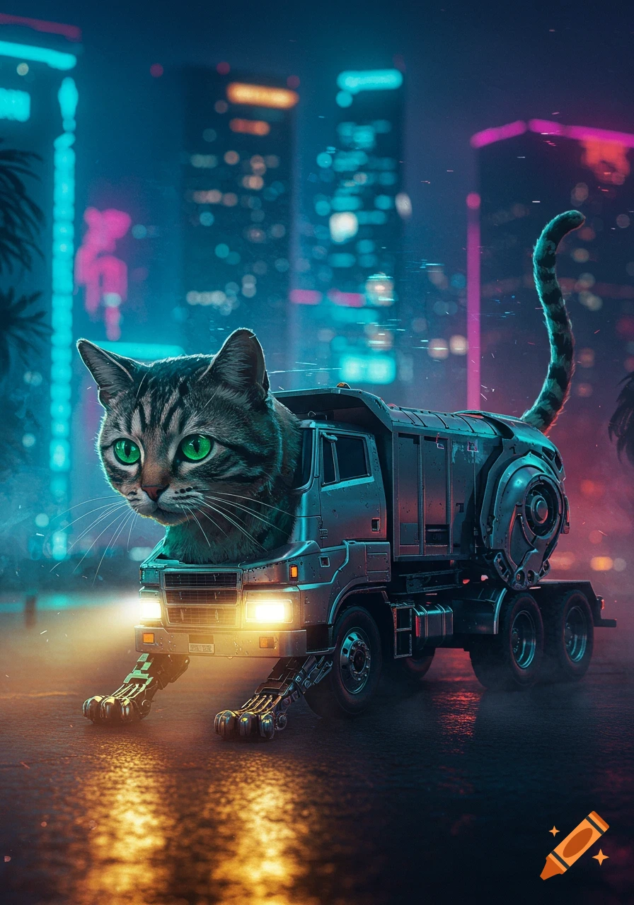 A cyberpunk-style image of a cat's head fused onto a truck body with robotic legs, driving through a neon-lit city at night.