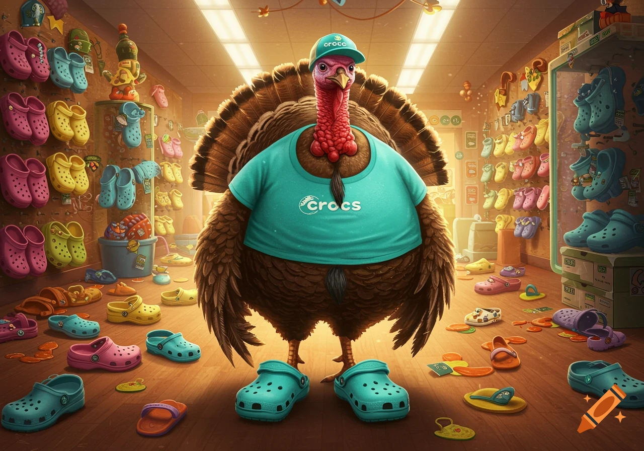 A humorous image of a turkey wearing a blue Crocs t-shirt and hat, and blue Crocs shoes, standing in a brightly lit shoe store filled with colorful Crocs clogs.
