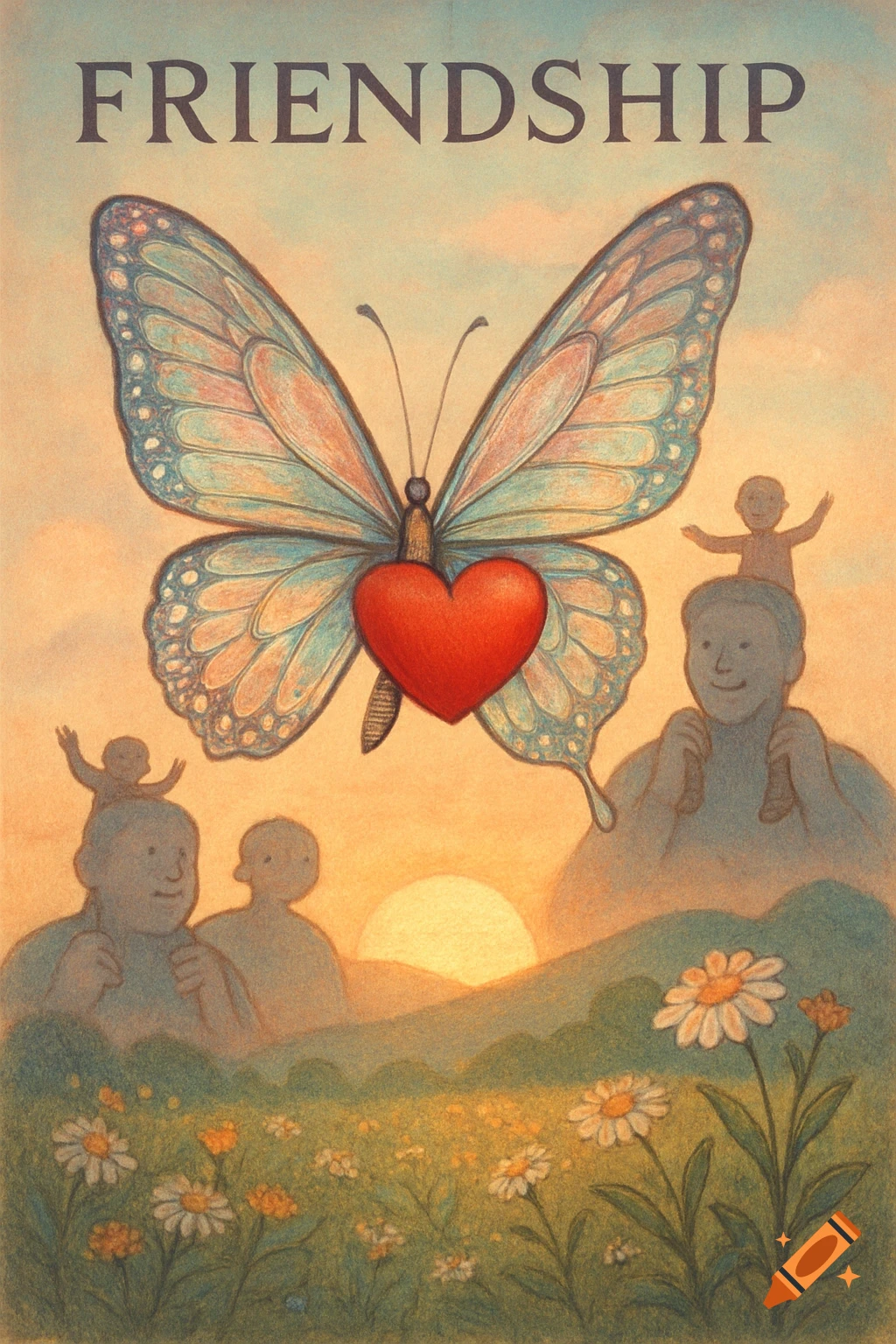 Illustration of a butterfly with a heart, floating above silhouetted figures of adults and children in a field of flowers at sunrise, with the word 'FRIENDSHIP' at the top.