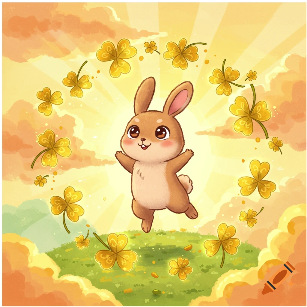 A cute cartoon rabbit jumps happily amidst golden four-leaf clovers, set against a bright sunburst sky and green hills.