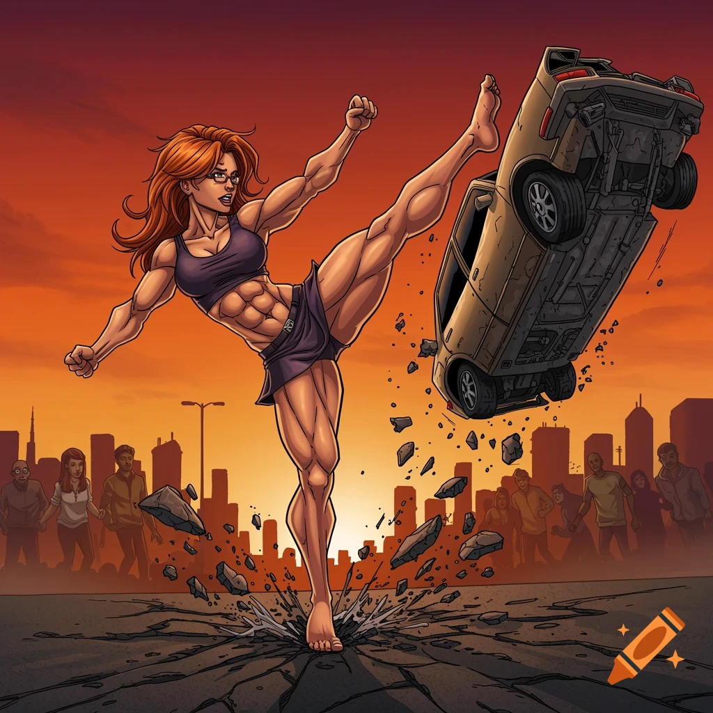 A muscular woman in comic book style kicks a car into the air, cracking the ground, with a city skyline at sunset.