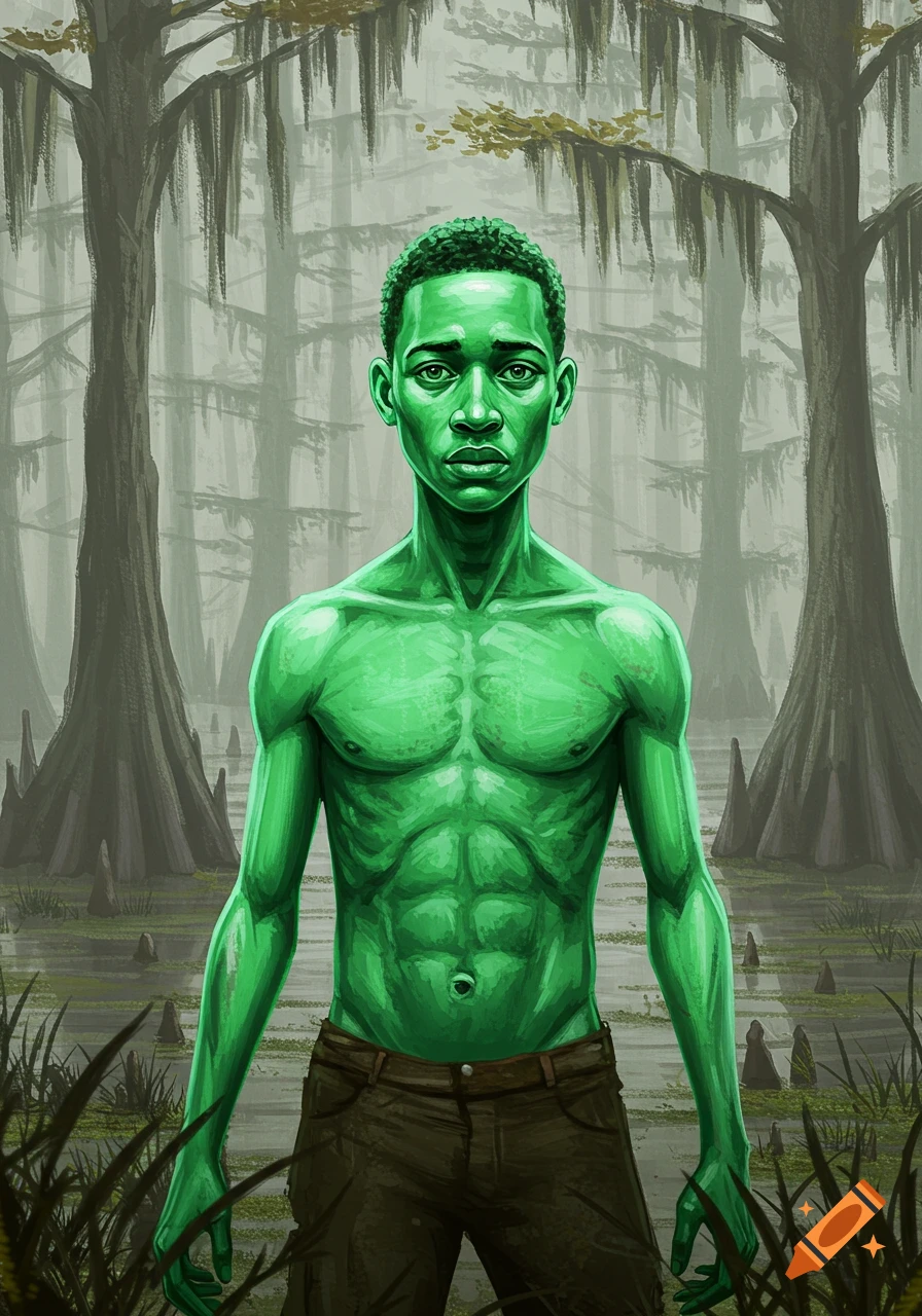 A stylized illustration of a green-skinned man with an athletic build standing in a murky swamp with cypress trees.
