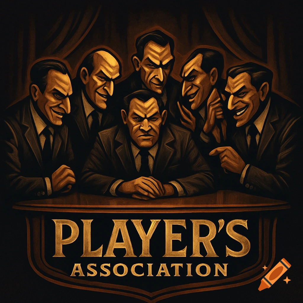 A dark, stylized illustration of six sleazy-looking men in suits gathered around a table with a logo reading 'PLAYER'S ASSOCIATION'.