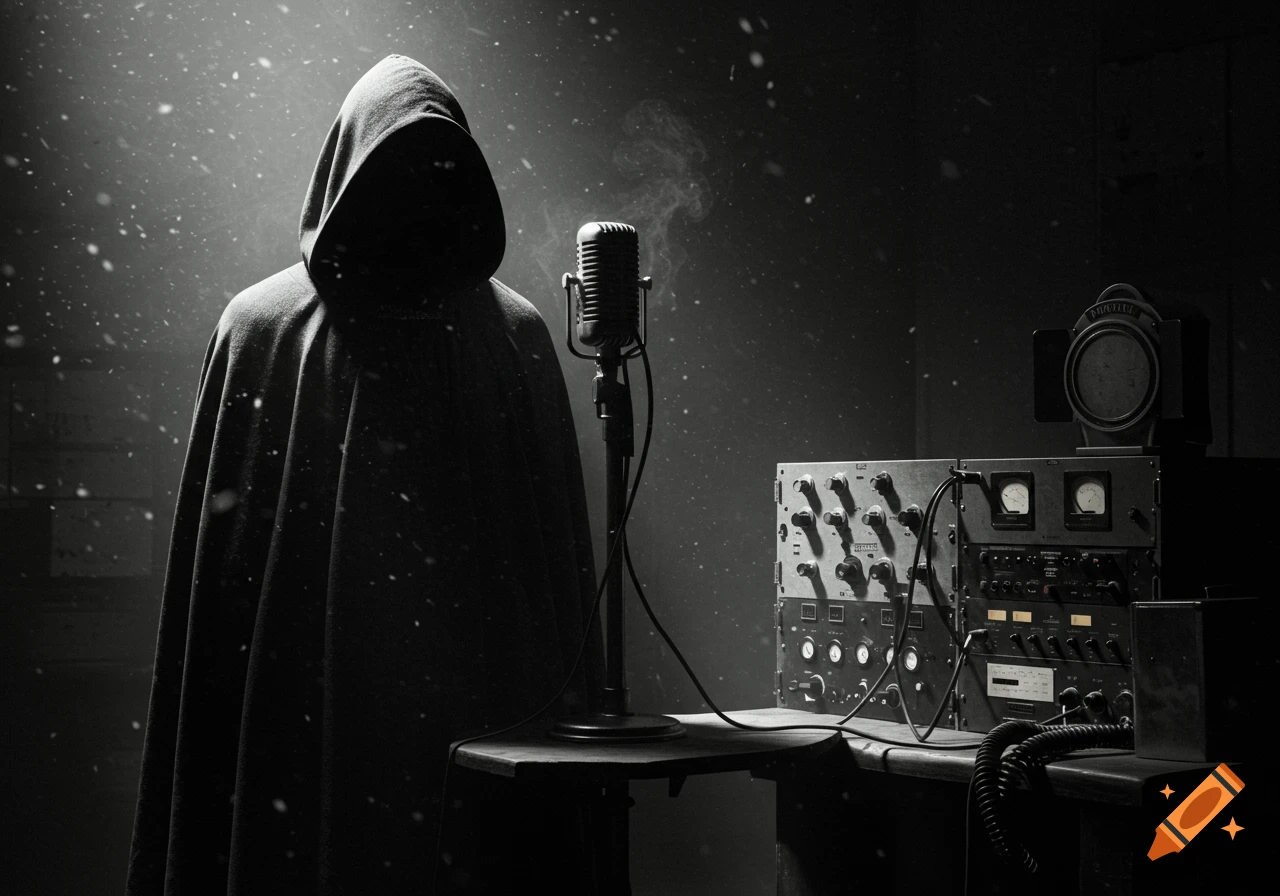 A hooded figure in a dark cloak stands next to a vintage microphone and large radio equipment, with dust motes illuminated in the air.
