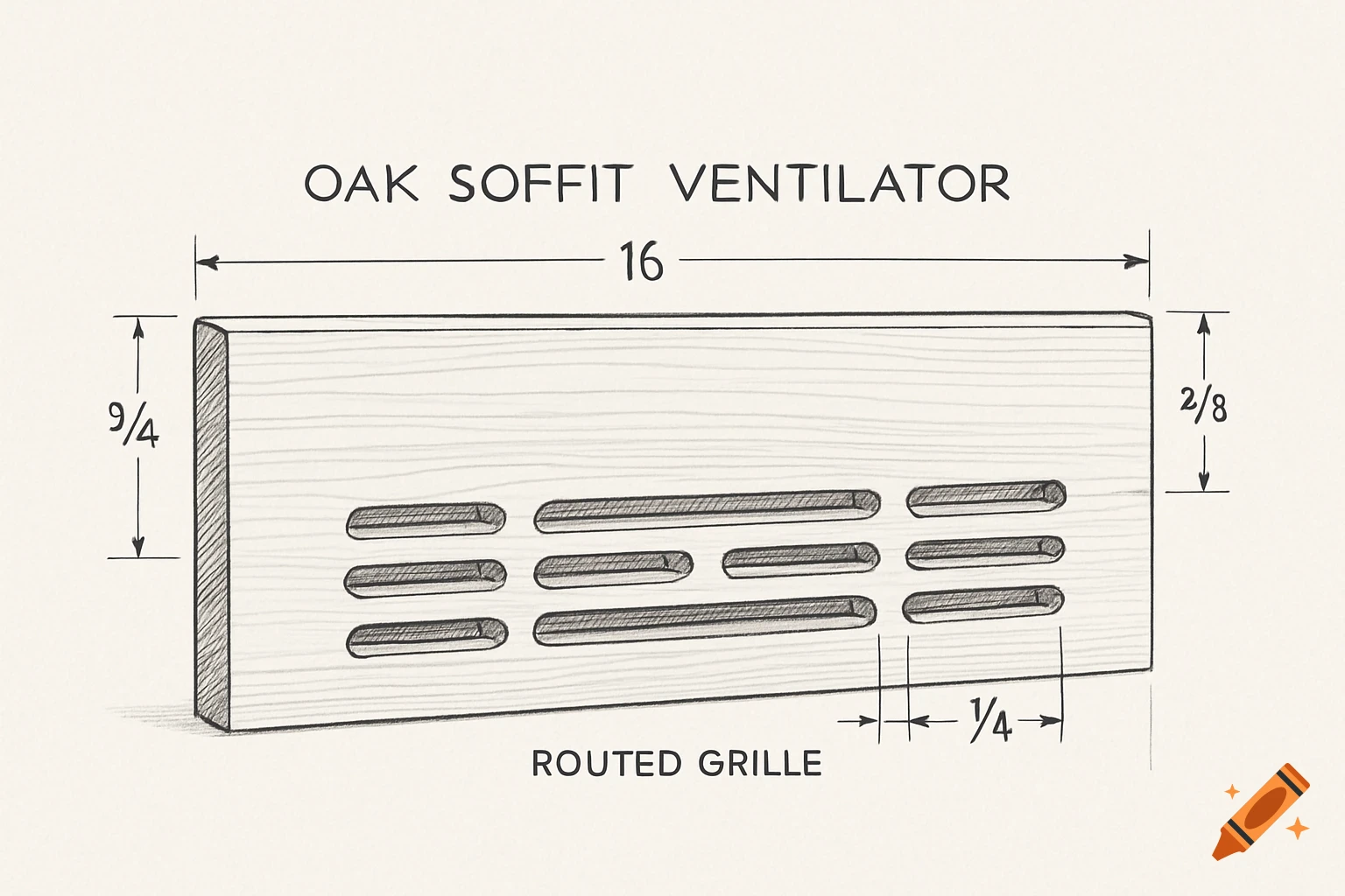 Technical drawing of an oak soffit ventilator with dimensions and routed grille details.