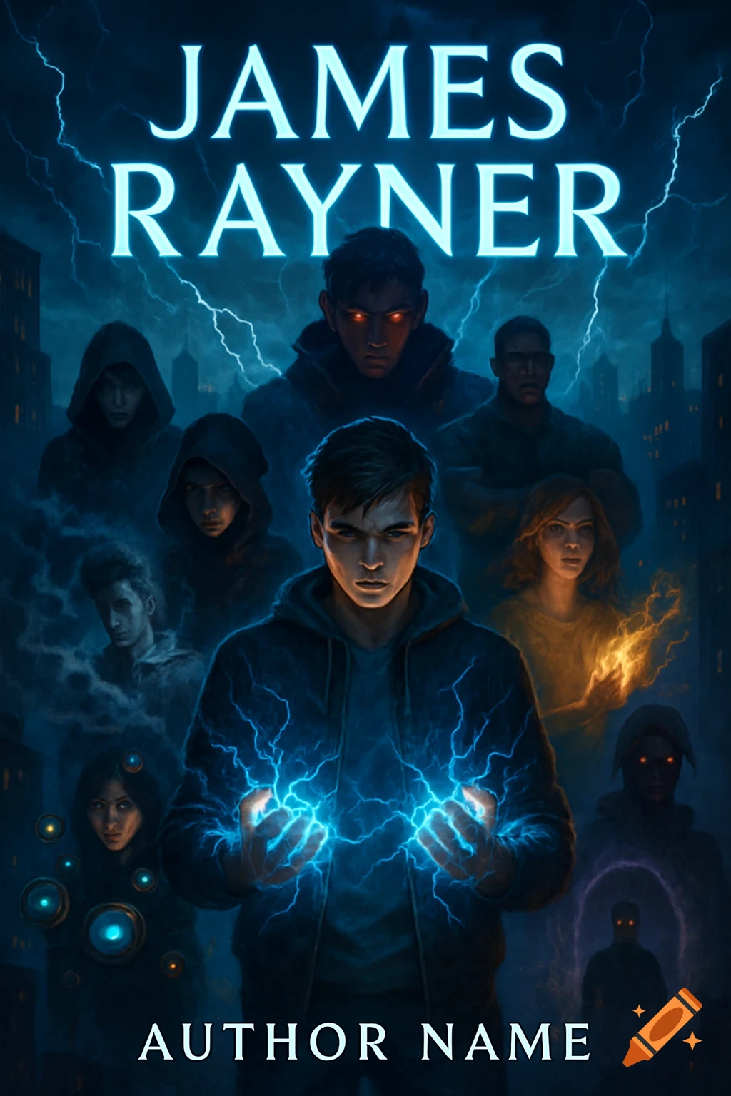 Epic urban fantasy book cover featuring a teen boy with glowing blue electric hands surrounded by other mutants and a villain in a stormy city.