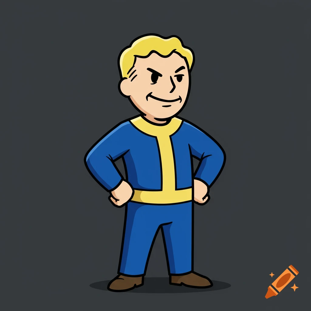 A cartoon illustration of Vault Boy from Fallout, wearing a blue and yellow jumpsuit, standing with hands on hips and a stern expression on a dark gray background.