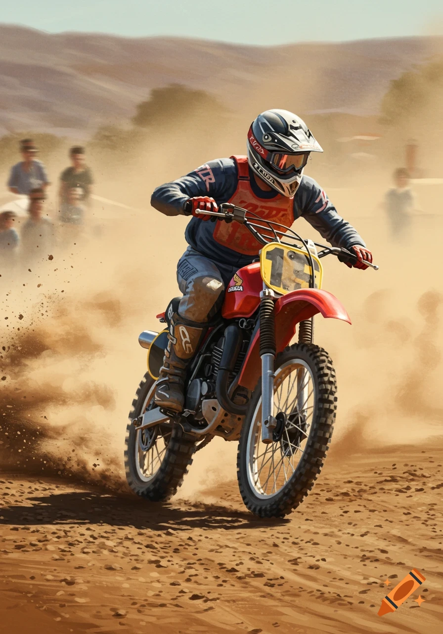 A motocross rider on a red dirt bike kicks up dust as they race across a desert landscape.