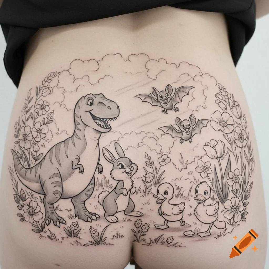 Black and grey Disney-style tattoo of a T-Rex, bunny, bats, and ducks playing in a whimsical garden.