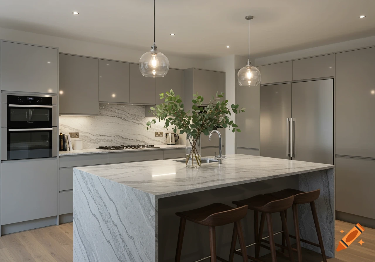 A modern kitchen featuring grey cabinets, a white marble island with a sink, and three wooden bar stools. Pendant lights hang above the island, and a stainless steel refrigerator and built-in ovens are visible.