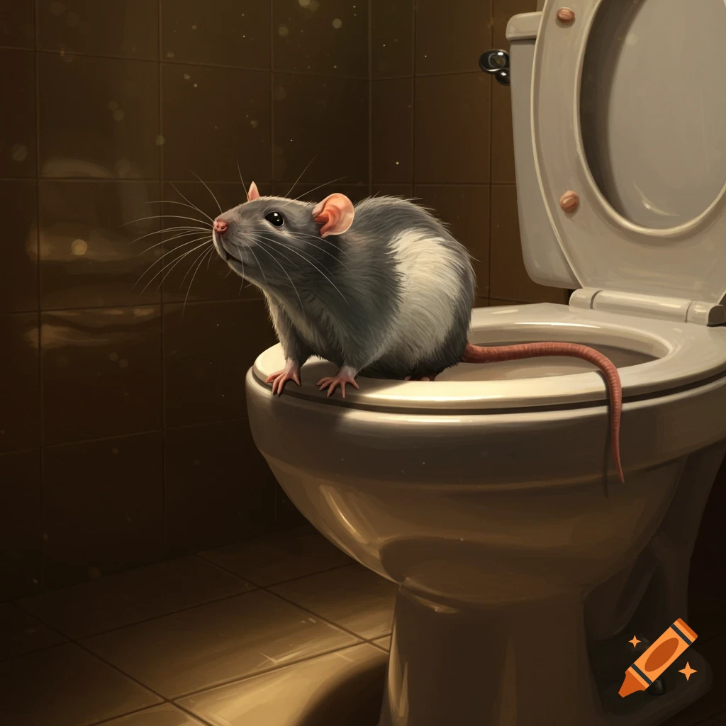 A gray and white rat sits on a white toilet, looking up, in a dimly lit tiled bathroom.
