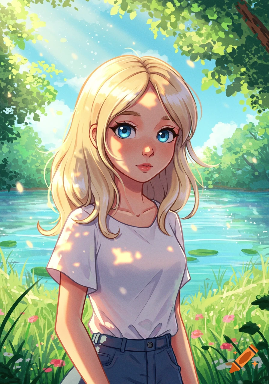 Animated portrait of a blonde girl with blue eyes by a lake in a sunny, green forest.