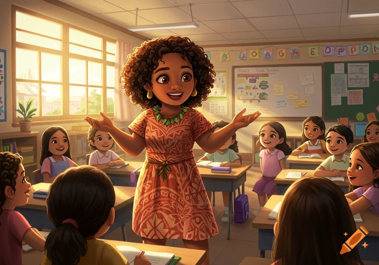 Animated illustration of a Polynesian teacher with curly hair in a classroom, smiling at her diverse students.