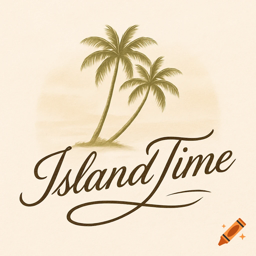 Vintage-style logo with two palm trees on a beige background and cursive text 'Island Time'.
