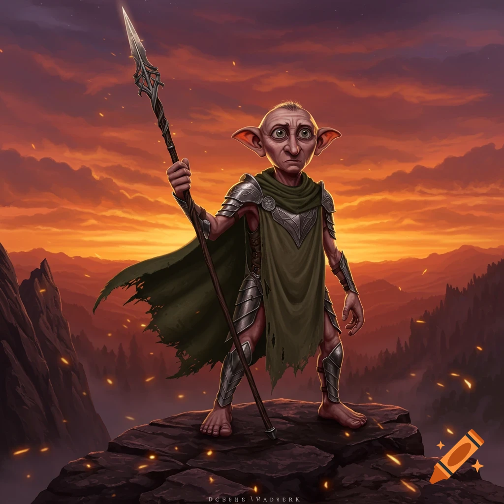 Dobby the elf stands on a rocky mountain, holding a spear. He wears green rags and silver armor against a fiery sunset sky.