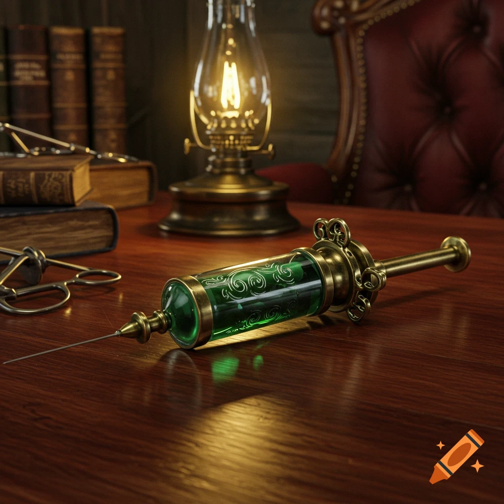 Ornate steampunk syringe with green liquid on a wooden desk next to old books and a lamp.