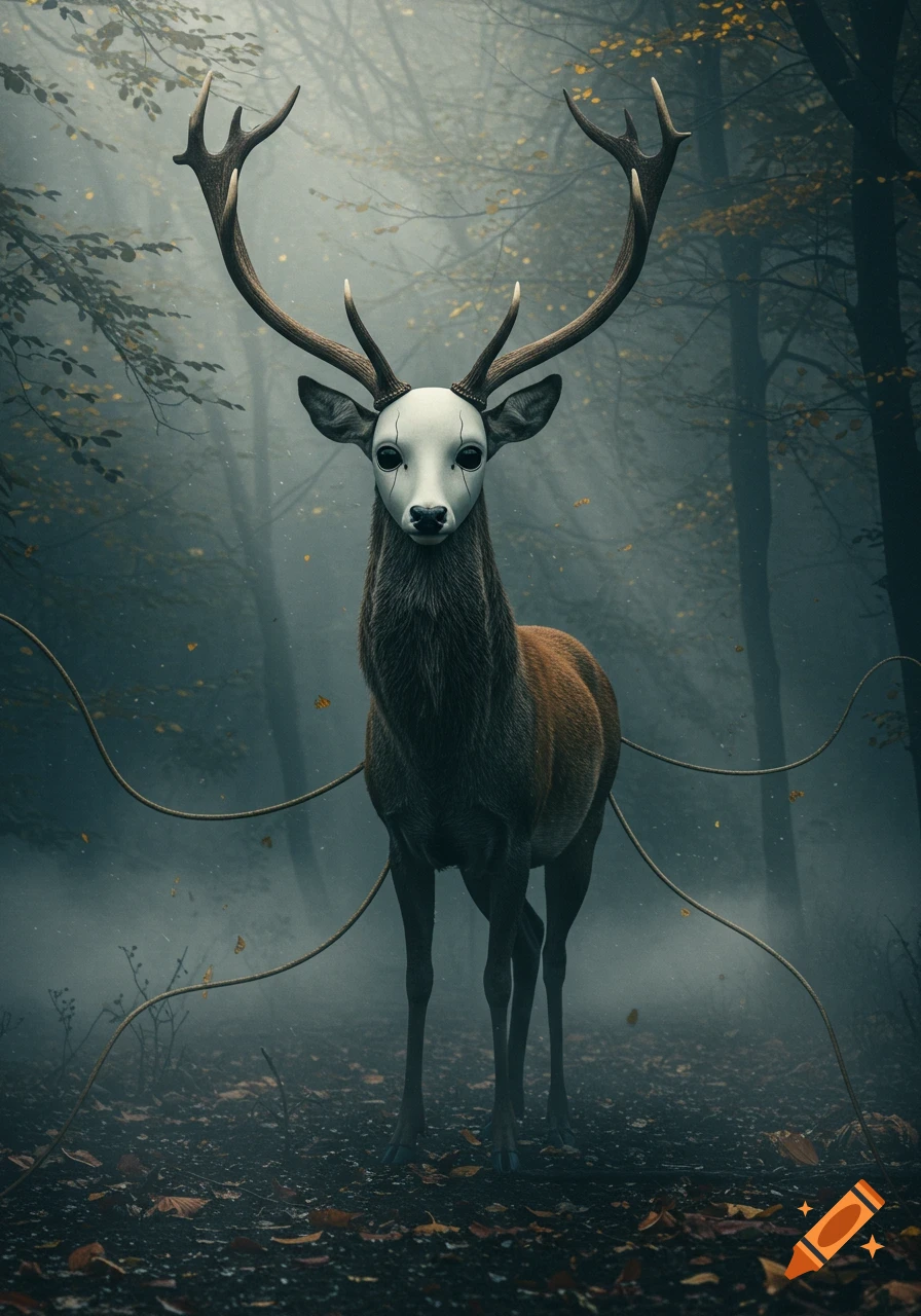 A deer with a creepy white doll-like mask for a face stands in a misty, dark forest with faint glowing ropes around it.