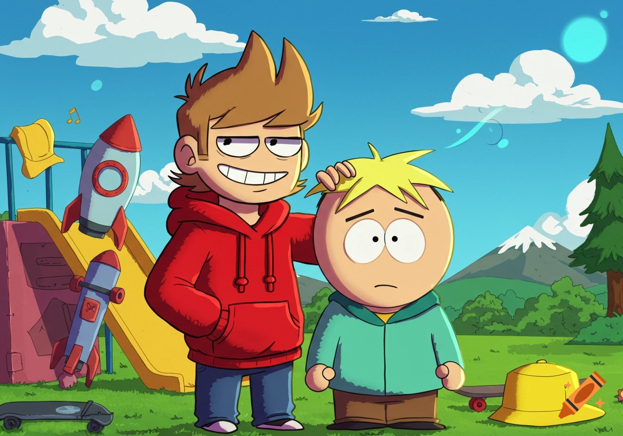 Tord from Eddsworld with a mischievous smile, patting Butters from South Park's head in a playground setting.
