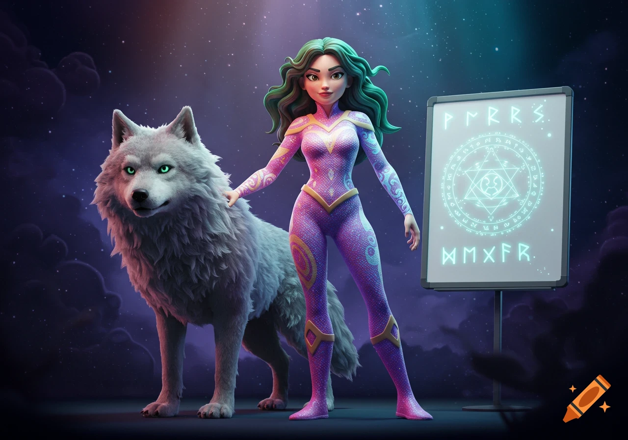 A 3D rendered image of a female superhero with green hair and a purple suit standing next to a large white wolf, with a magical whiteboard in the background.