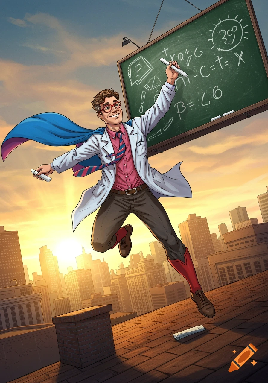 A smiling male teacher superhero in a lab coat and cape flies over a city at sunset, writing on a giant chalkboard.