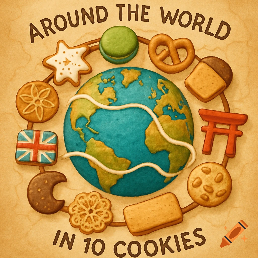 A cartoon illustration of a globe surrounded by various cookies, with text 'Around the World in 10 Cookies'.