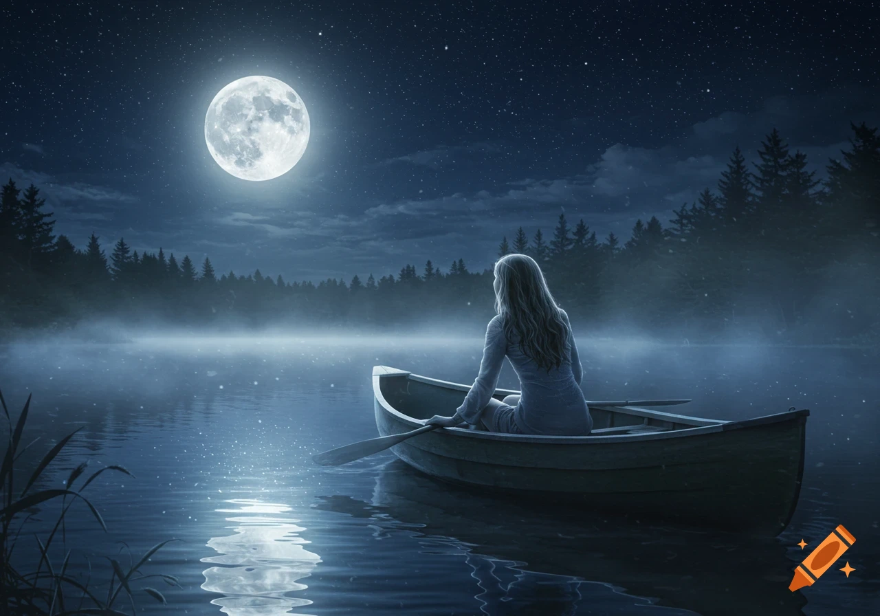 A woman sits in a boat on a misty lake at night, gazing at a bright full moon reflecting on the water.