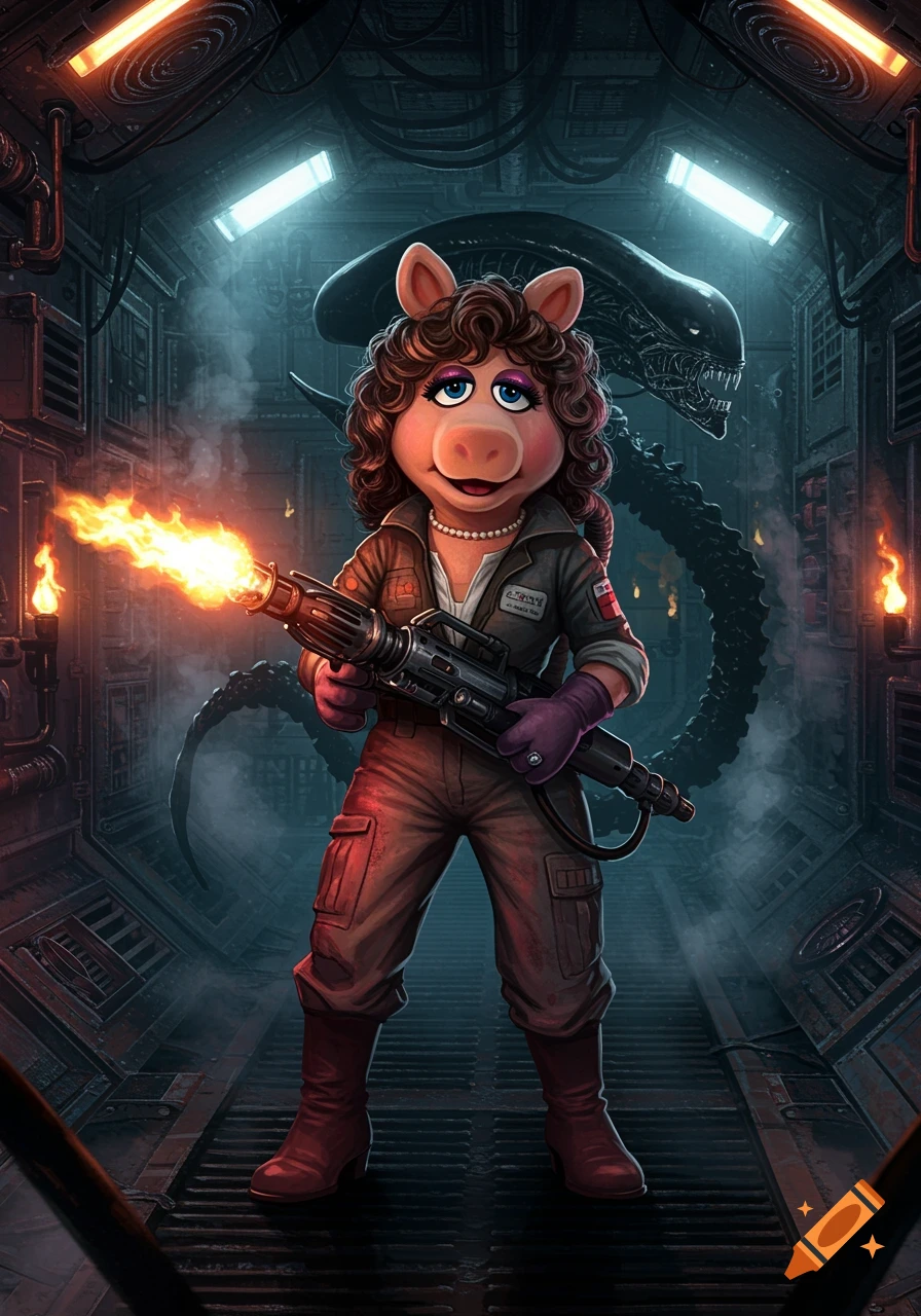 Miss Piggy, dressed as Ripley from Alien, stands in a dark spaceship corridor, firing a flamethrower. A Xenomorph looms in the background.