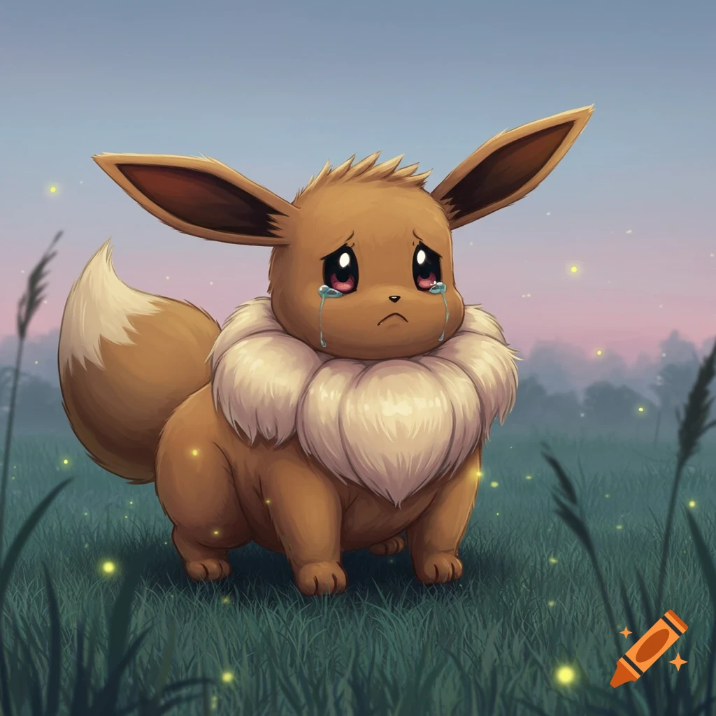 A plump, sad Eevee with tears streaming down its face sits in a grassy field at dusk with faint fireflies.