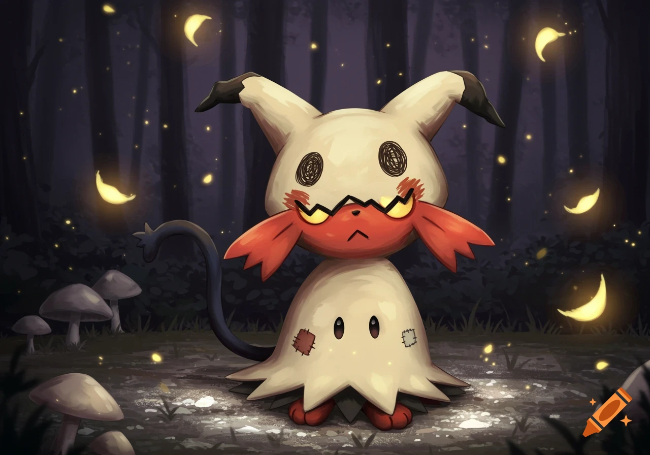 A cute, stylized Mimikyu stands in a dark forest illuminated by glowing crescent moons and fireflies, with mushrooms nearby.