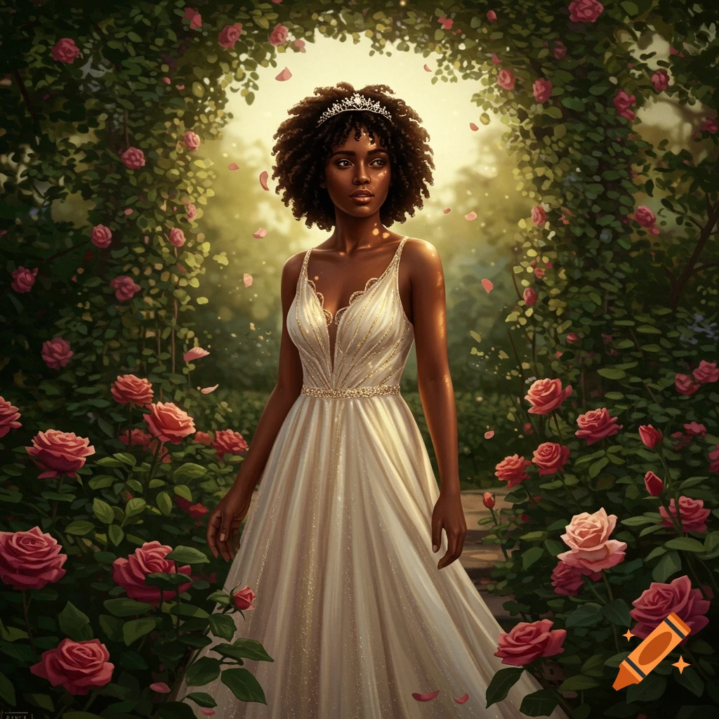 A beautiful black woman with curly hair and a crown in a sparkling white dress stands in a rose garden at sunset.