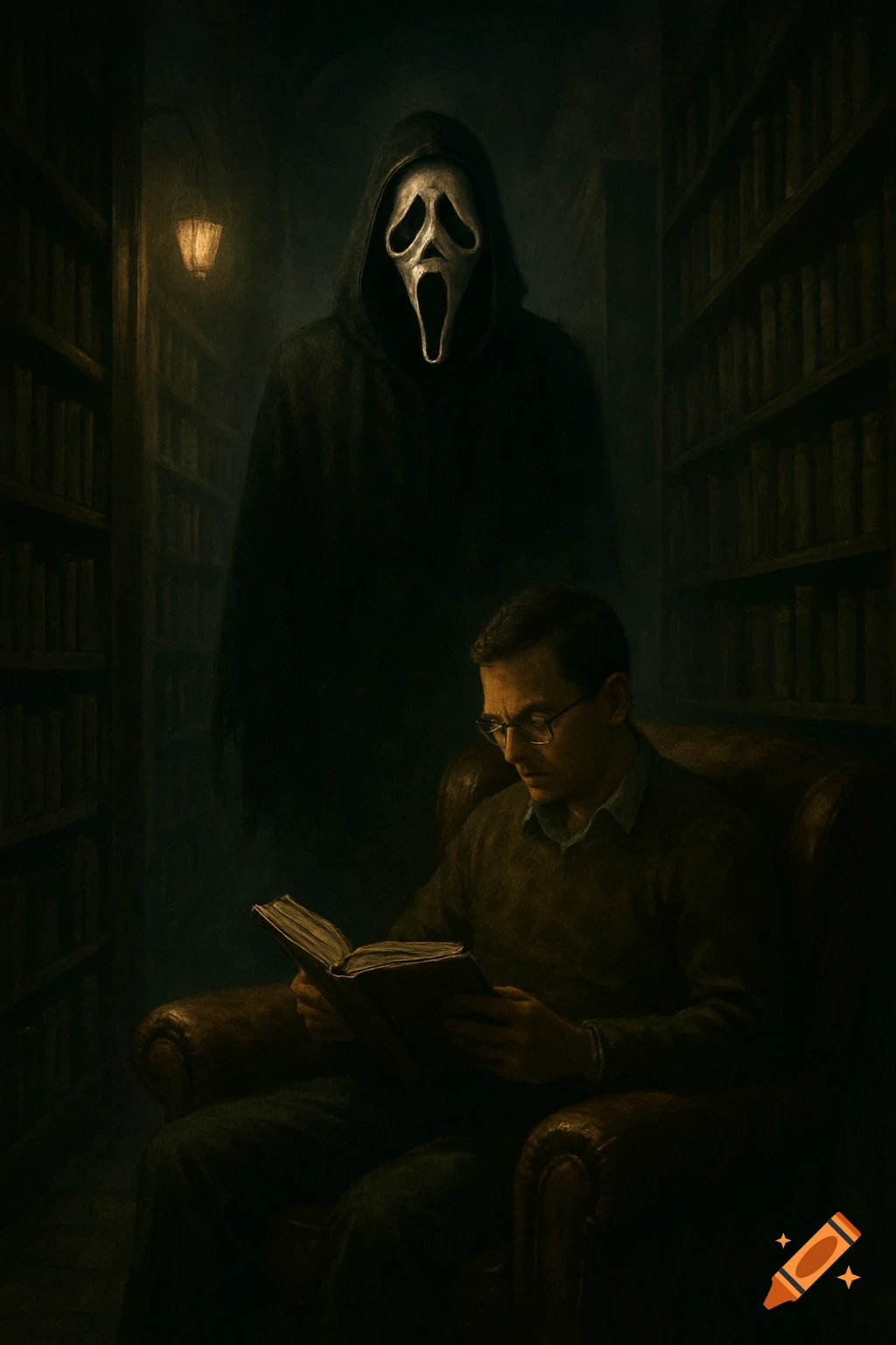 Ghostface from Scream stands in a dark library, watching a man reading a book in an armchair.