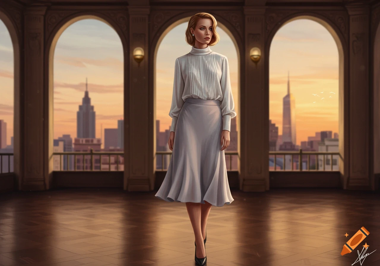 A woman in a white blouse and gray skirt stands in an elegant arched hall, overlooking a cityscape at sunset in a painterly style.