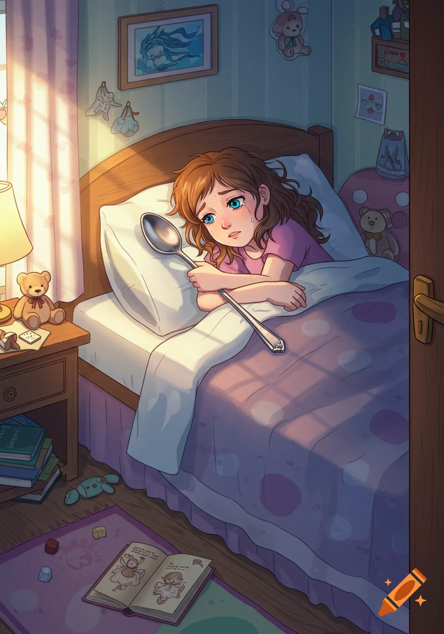 A young girl with brown hair cries in bed, hugging a large spoon, in a cartoon-style bedroom with sunlight streaming in.