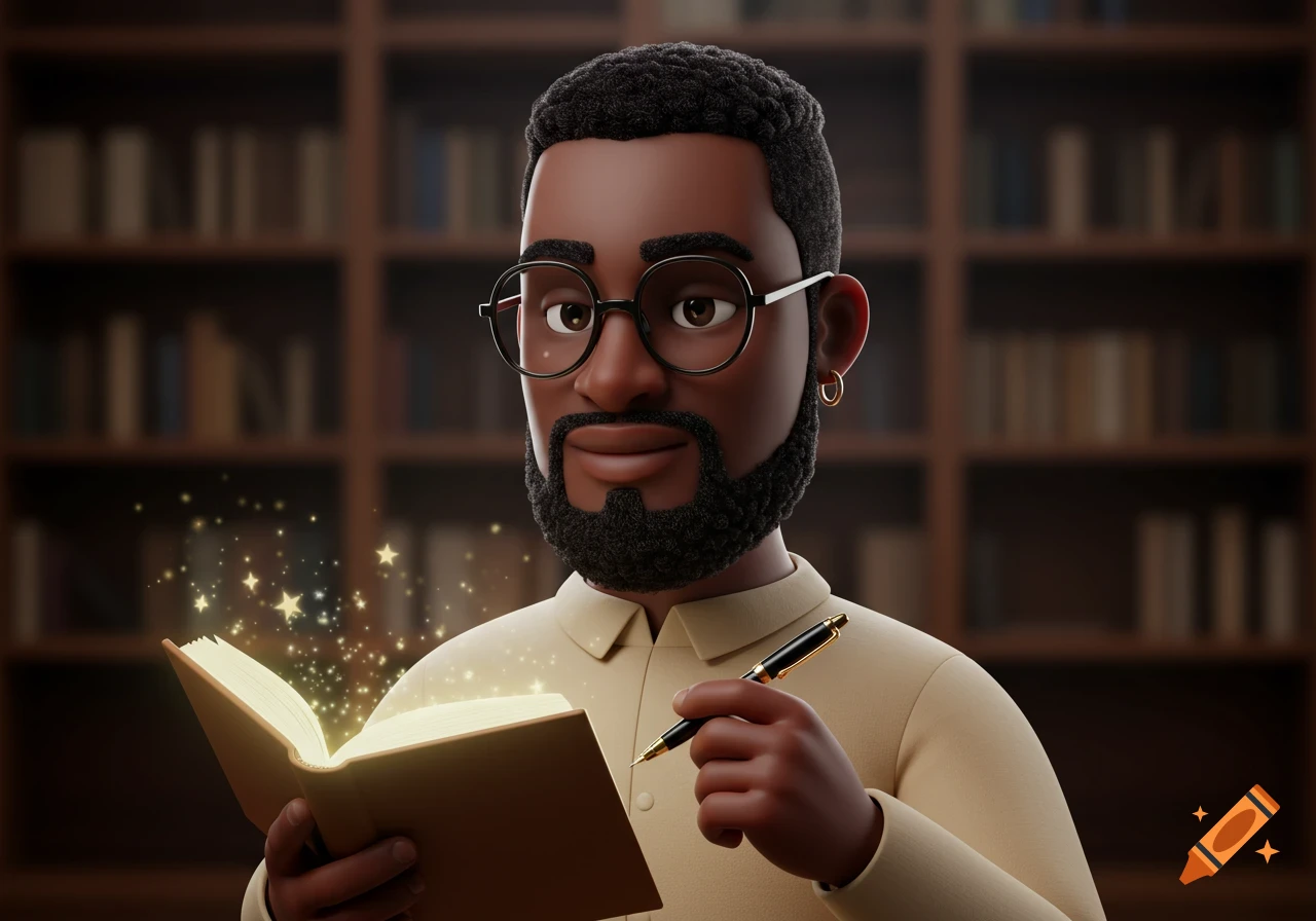 A 3D cartoon Black man with a beard and glasses holds an open magical book and a pen in a library.