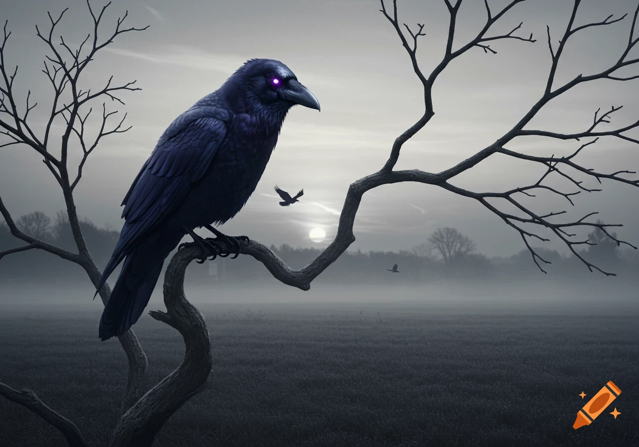 A black crow with glowing purple eyes sits on a bare tree branch in a misty, dark field at dusk.