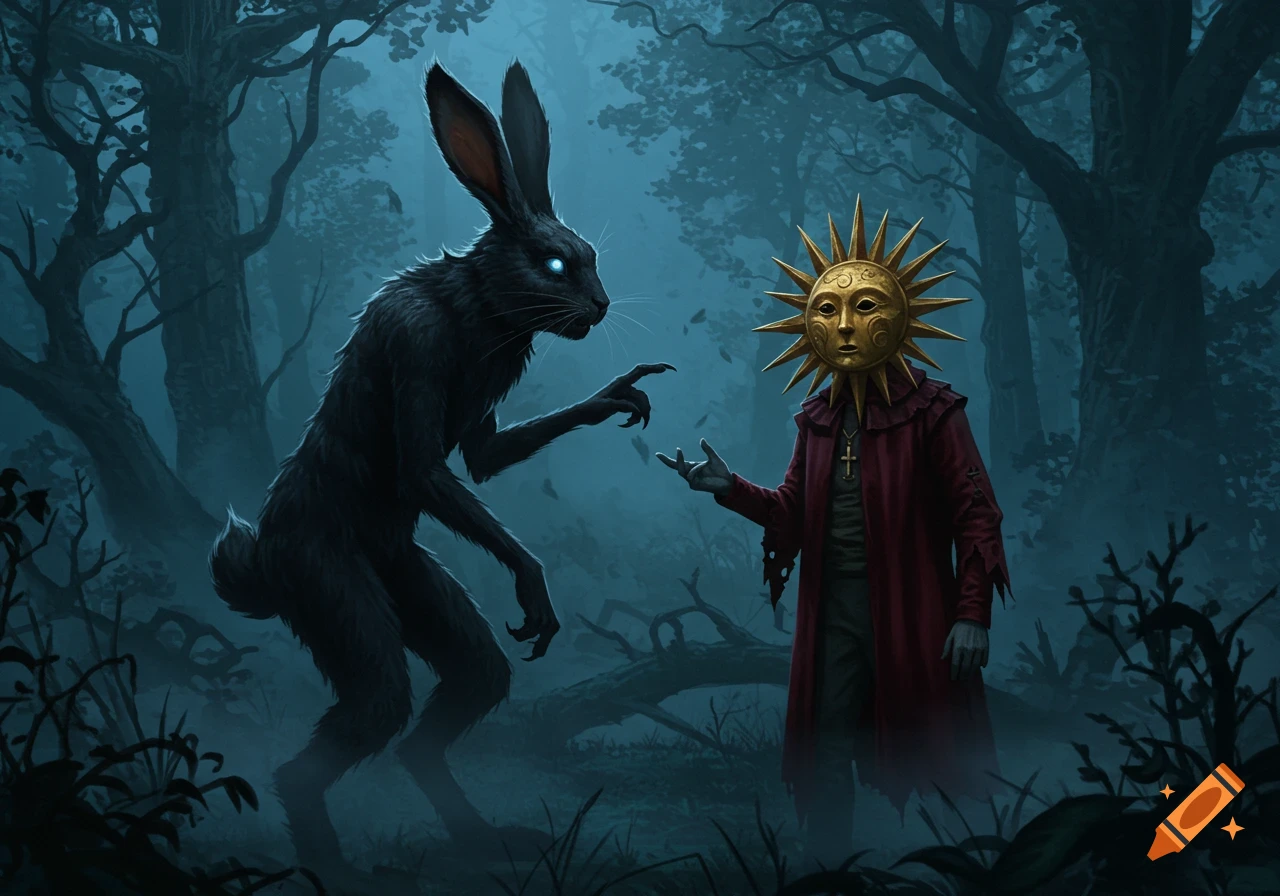 A bipedal black rabbit with glowing blue eyes faces a person in a golden sun mask within a dark, misty forest, rendered in a detailed dark fantasy art style.